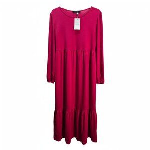 NWT | Fuchsia Pink Tiered Midi Dress | Long Sleeve | Vibrant | M